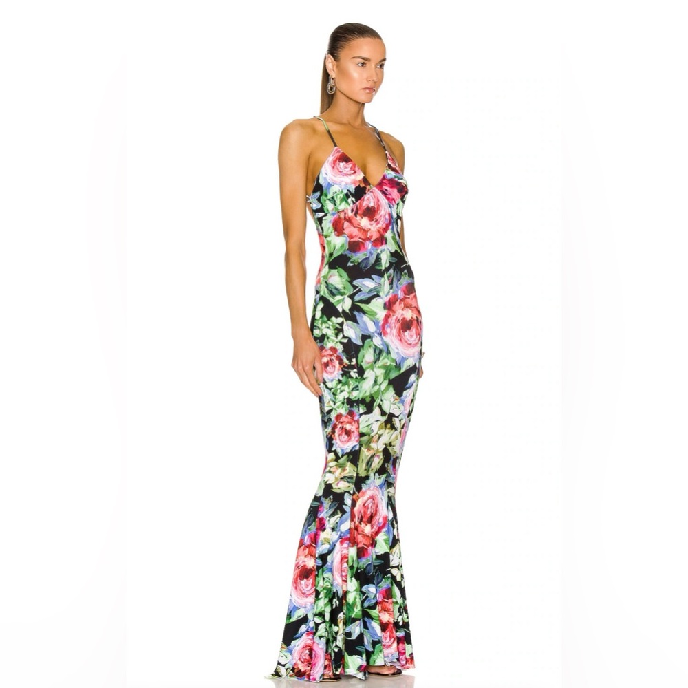 NWOT Norma Kamali Low/Open Back Slip Mermaid Fishtail Gown in Rose Garden